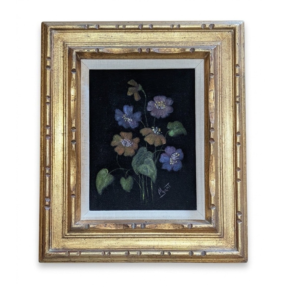Black Velvet Framed Floral Picture, Gold Tone Frame, Signed Murat, 17" x 20"